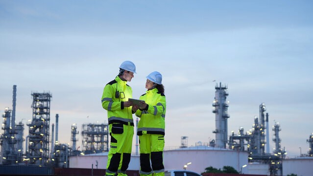 Team of Industrial Workers with Tablet, Engineers Collaborating at Manufacturing Plant, Engineers Reviewing Plans at Industrial Site at Dusk