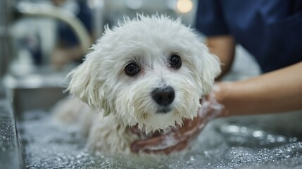 トリミングサロンで洗われて不安げなマルチーズ