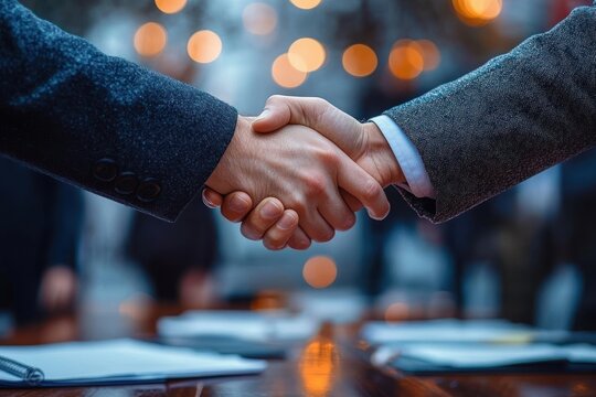 two people in business suits shaking hands over a table with blurred documents and warm bokeh lights in the background symbolizing agreement and cooperation