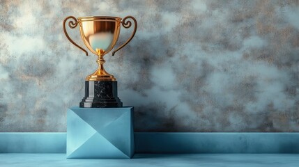 Golden trophy cup with ornate handles placed on a blue geometric pedestal against a textured blue and brown gradient background, symbolizing achievement and success