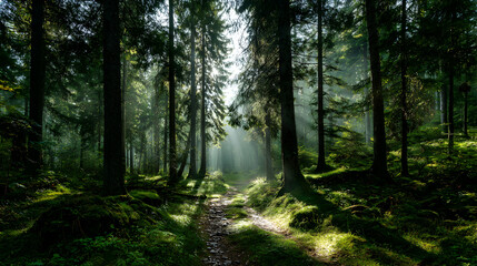 Fototapeta premium Mystical sunlight filtering through the dense canopy of tall evergreen trees along a forest path