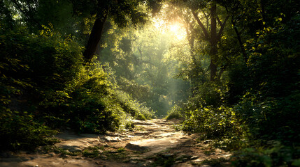 Obraz premium Sunlight illuminating the path through a vibrant green forest in summertime creating a serene atmosphere
