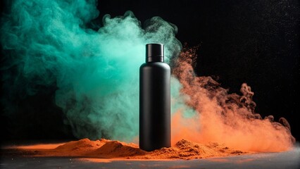 Black bottle cosmetic product mockup with colorful smoke and dark background
