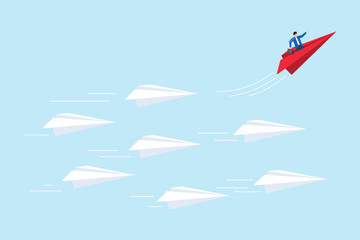Flat illustration of businessman flying red paper plane in different direction to symbolize leadership innovation and thinking differently from the crowd