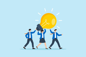Flat illustration of business team carrying glowing lightbulb together to represent teamwork creativity innovation and shared ideas
