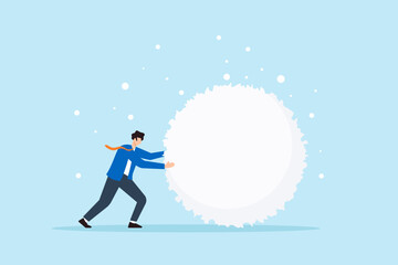 Flat illustration of businessman pushing giant snowball to symbolize momentum consistency persistence and compounding growth