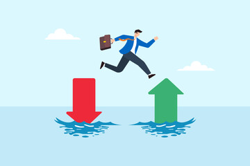 Flat illustration of businessman jumping from red down arrow to green up arrow over water to symbolize transition from failure to success and positive growth