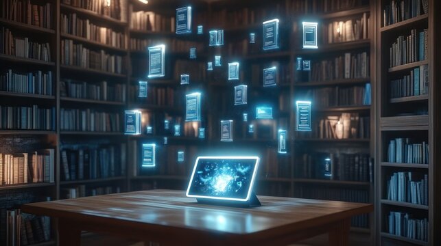 Digital tablet on wooden table projecting glowing holographic books inside a large traditional library filled with wooden bookshelves and numerous physical books
