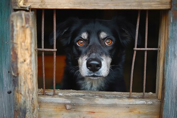 black and white dog with expressive brown eyes looking through a rustic wooden window with metal bars conveying a sense of longing or curiosity