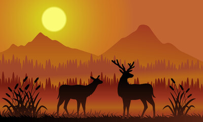 Two deer with nature and mountains background at sunset, Vector Illustration