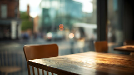A warm and inviting cafe interior with a rustic wooden table bathed in soft natural sunlight