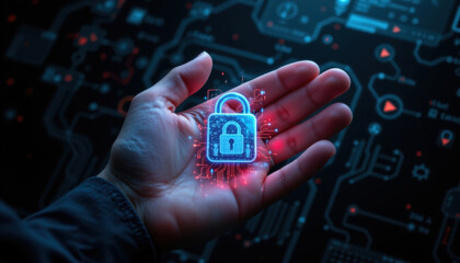 Hand holding glowing digital padlock symbol, representing cybersecurity and data protection. background features circuit board design, emphasizing technology and security