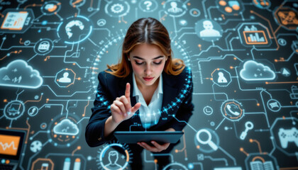 Innovative businesswoman using tablet surrounded by digital icons and data connections, representing technology and communication. image conveys sense of modernity and progress