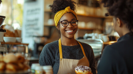 Celebrate National Doughnut Week, Happy Black Woman Waitress Serving a Doughnut to a Customer in a Cozy Coffee Shop Setting, Capturing Friendly Service and Warm Atmosphere