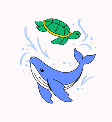 Whale and sea turtle cute cartoon vector