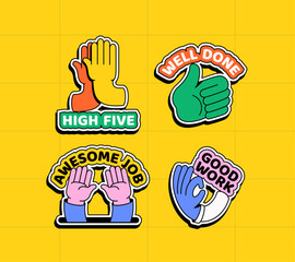 Motivational sticker set colorful hand gestures (high five, thumbs up, clapping, raised hands) with positive messages ("HIGH FIVE," etc) in cartoon hand drawn Great for encouragement and rewards