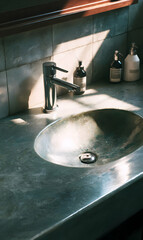 Sunlight streams across a modern bathroom vanity creating shadows and highlights on sink and bottles design