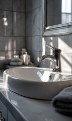 Elegant bathroom interior featuring a modern white sink illuminated by natural sunlight creating a serene atmosphere