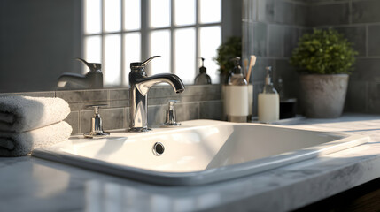Elegant bathroom sink with chrome faucet on marble countertop with stacked towels and plant in background