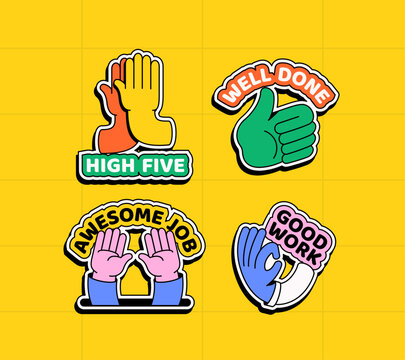 Motivational sticker set colorful hand gestures (high five, thumbs up, clapping, raised hands) with positive messages ("HIGH FIVE," etc) in cartoon hand drawn Great for encouragement and rewards