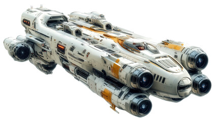 Deep space exploration vessel with multi-stage engines and storage compartments, Transparent background, PNG file