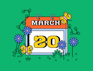 Calendar page showing "March 20", surrounded by blooming purple flowers, green grass, and flying yellow butterflies  represents the first day of spring in cartoon illustration vector
