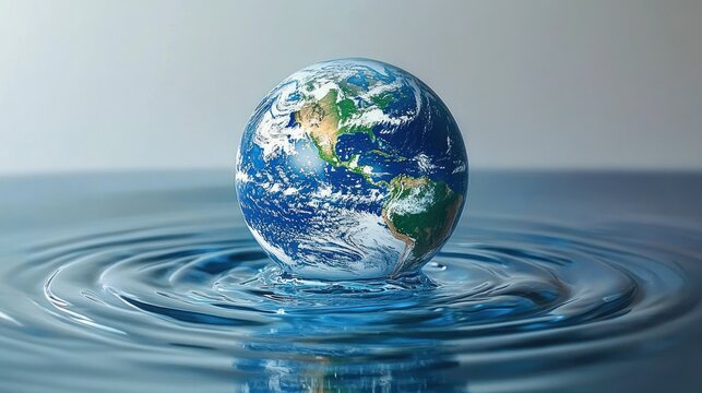 Small globe resembling Earth emerging from or floating on calm water with ripples around it, symbolizing connection between Earth and water