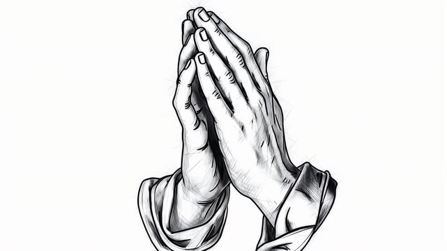 Detailed black and white drawing of praying hands perfect for illustrations and designs showing devotion or spirituality