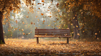 Autumnal serenity a tranquil park bench scene under a canopy of falling golden leaves delight