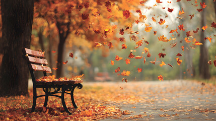 Autumnal symphony of falling leaves painting a vibrant path in a park with a resting bench