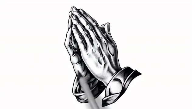 Detailed black and white image of praying hands against a white background