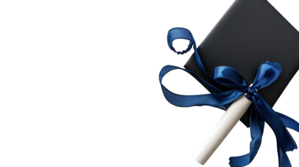 Flat lay of graduation cap and diploma tied with blue ribbon, clean white background, perfect for education concept stock Transparent background, PNG file