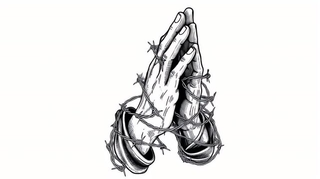 Detailed black and white prayer hands entangled with barbed wire graphic design
