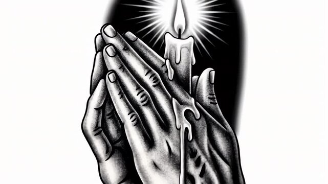 Detailed black and white praying hands illustration with candle graphic image