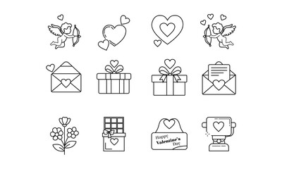 A comprehensive set of outline icons for Valentine's Day and love, including Cupid, hearts, gifts, letters, flowers, chocolate, and a trophy. Ideal for romantic themes.