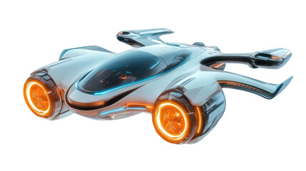Futuristic flying car with sleek wings and glowing engines, Transparent background, PNG file