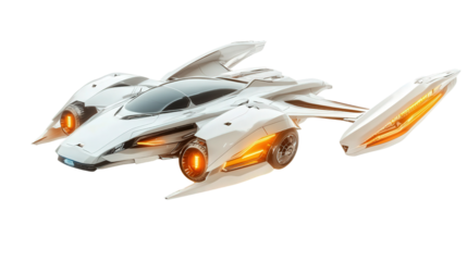 Futuristic flying car with sleek wings and glowing engines, Transparent background, PNG file