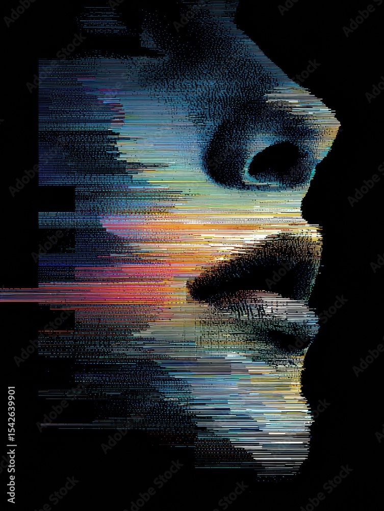 Aufkleber glitch effect highlights emotional confusion through abstract face outline with vibrant colors again