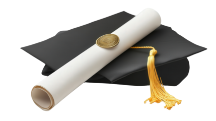Elegant diploma scroll with gold seal and graduation cap arranged diagonally, Transparent background, PNG file