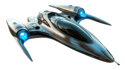 Futuristic spacecraft with sleek metallic body and blue thrusters, Transparent background, PNG file