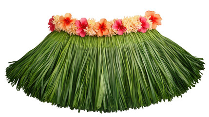 Hawaiian hula costume with floral lei and grass skirt Transparent background, PNG file