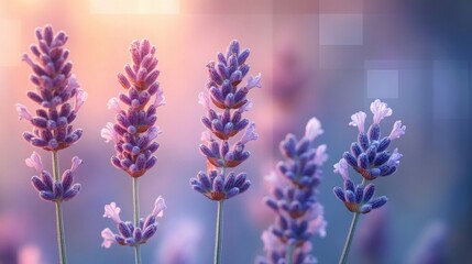 Obraz premium Close-up of delicate purple lavender flowers blooming under soft warm sunlight with a blurred pastel background creating a serene and peaceful mood