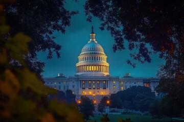 Fototapeta premium Illuminated historical government building dome at dusk framed by dark tree branches and foliage