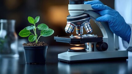 Close-up of a small green plant in a black pot next to a microscope being adjusted by a gloved hand in a laboratory setting