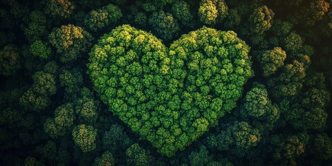Aerial view of dense green forest with tree canopy shaped like a heart symbolizing nature love and environmental care