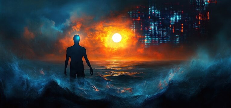 Silhouetted humanoid figure with glowing blue head standing in turbulent ocean waves under a fiery sunset sky with digital matrix-like binary code floating in the background