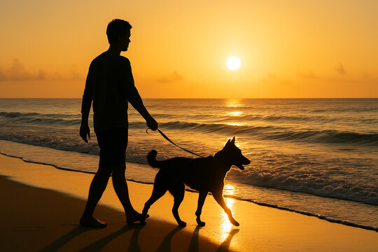 Silhouette of man walking dog on beach at sunset