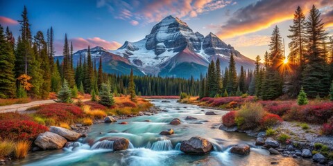 Mountain River Landscape at Sunset