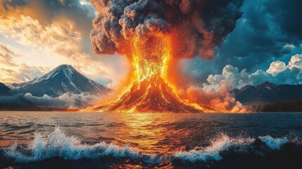 Fototapeta premium Volcano erupting with fiery lava and thick smoke plumes over the ocean at sunset with mountain landscape in the background