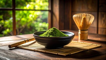 Ceremonial grade matcha powder in dark ceramic bowl, traditional bamboo whisk, minimal aesthetic, japanese ritual atmosphere